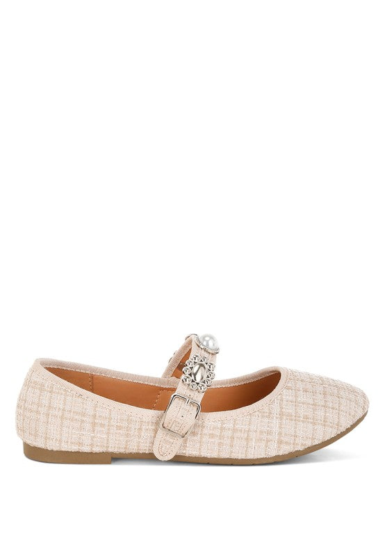 Side view of beige Noyama Tweed Mary Jane flat featuring charm embellishments and an adjustable buckle strap.