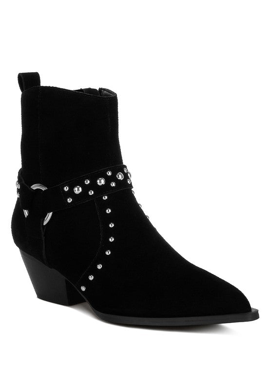 Rodeo Studded Suede Ankle Boots Black front angle with pointed toe and harness strap