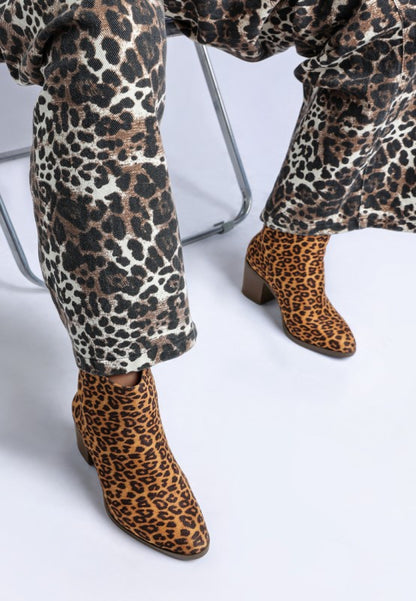 Top view of Lunara Leopard Print Boots with almond toe and leopard print exterior
