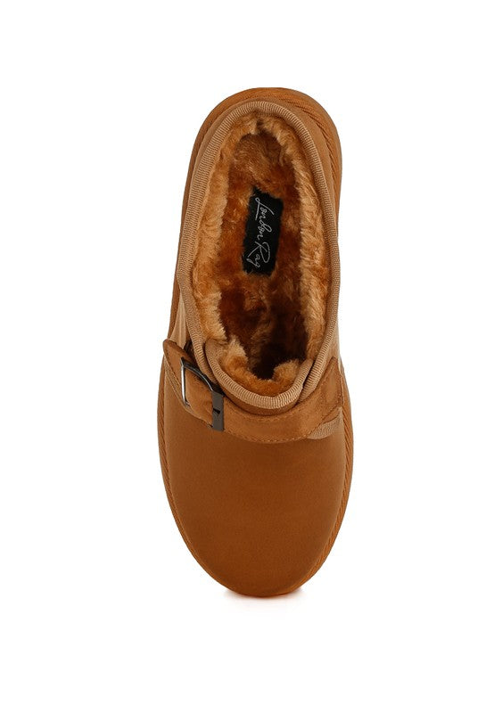 Mayfield Buckle Strap Fur Slip-Ons tan top view highlighting cozy fur interior