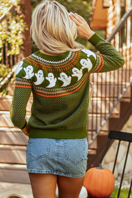Back view of Kaylee Halloween Ghost Pattern Sweater in olive green.