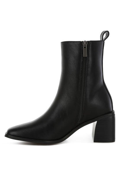 Side view of Black Muskox Square Toe Boots highlighting zipper closure and block heel design.