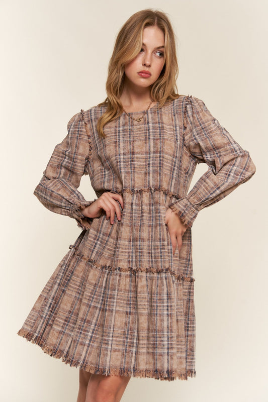 Andrea Washed Frayed Tiered Plaid Dress