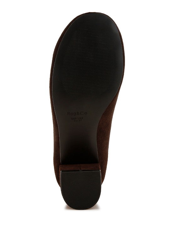 Bottom view of Brown Ziva Suede Loafer Heels showing durable TPR sole and block heel design.