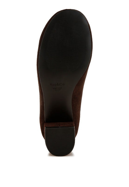 Bottom view of Brown Ziva Suede Loafer Heels showing durable TPR sole and block heel design.