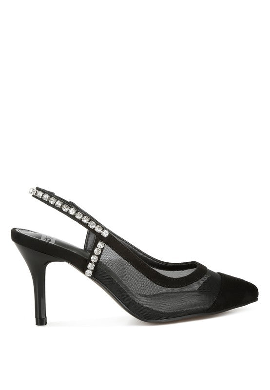 Black Yaga Slingback Stilettos side view showing stiletto heel and secure slingback fastening