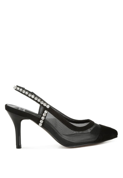 Black Yaga Slingback Stilettos side view showing stiletto heel and secure slingback fastening