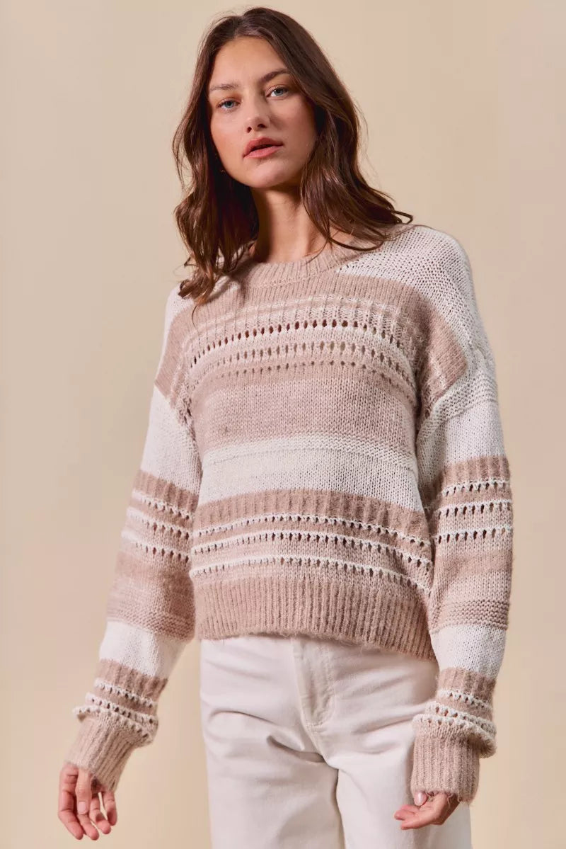 Bina Variegated Stripe Textured Sweater Top showing long sleeves and cozy ribbed knit.