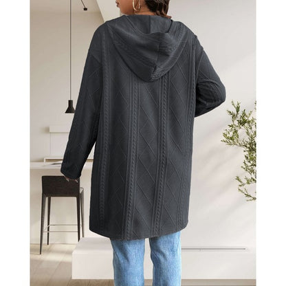 Makeda Hooded Cable Knit Cardigan in gray, back view with hooded detail.