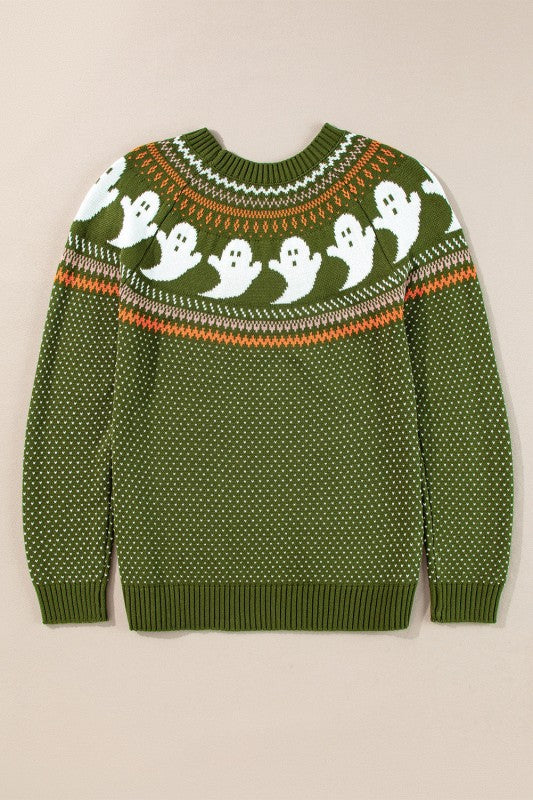 Flat lay back of Kaylee Halloween Ghost Sweater in olive knit.