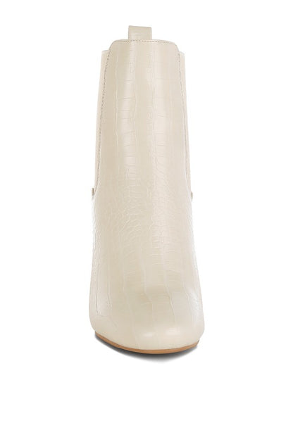 Front view of beige Briony Patent Vegan Leather Block Heel Ankle Boots with round toe.