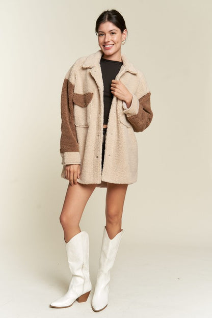 Deedre Sherpa Jacket in taupe, full body view styled casually with shorts and boots