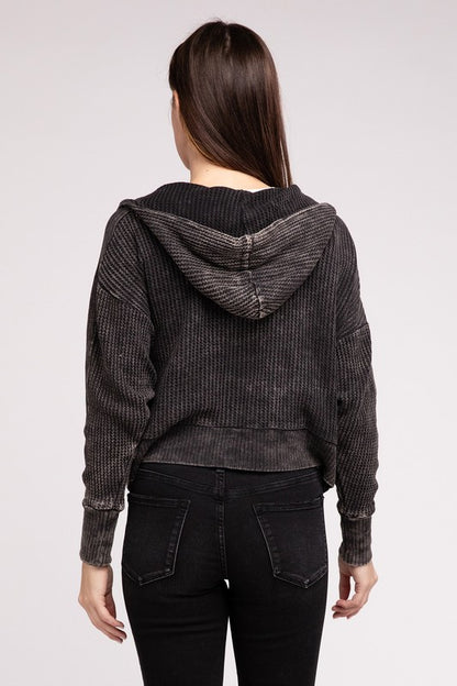 Back view of Ash Black Hanna Acid Wash Hooded Jacket, showing hood and hemline.