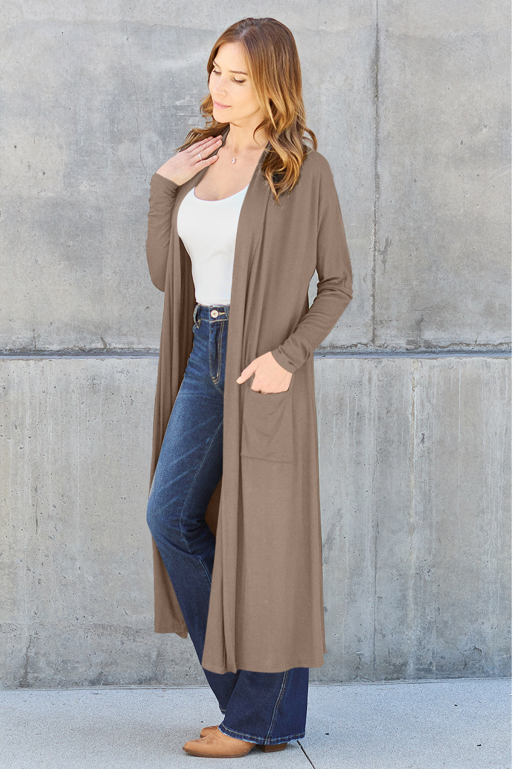 Mocha open-front long-sleeve cover-up with a flowy design and pockets, perfect for layering on breezy days.