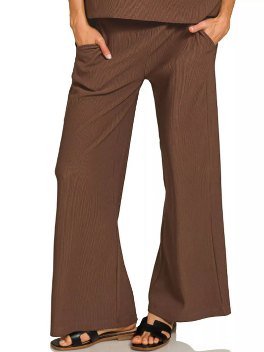 Tori Ribbed Tee & Pants Set Brown – close-up showing wide leg pants.