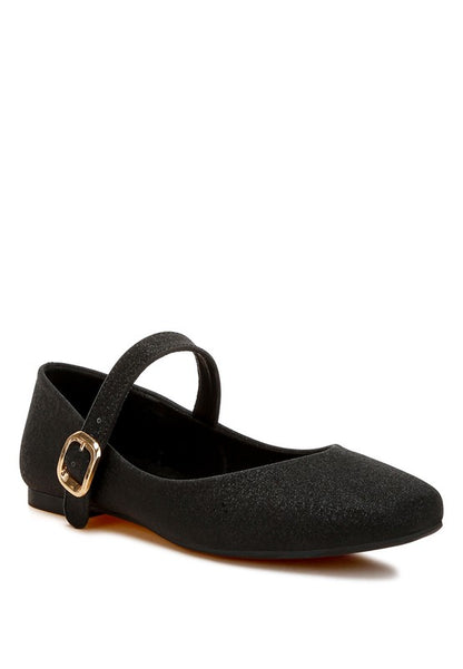 Front angle of black glitter vegan leather flats with modern square toe.