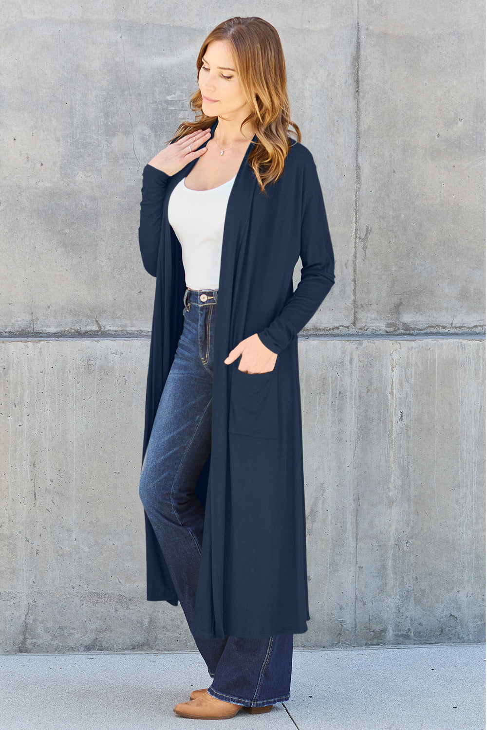 Dark Navy open-front long-sleeve cover-up with a flowy design and pockets, perfect for layering on breezy days.