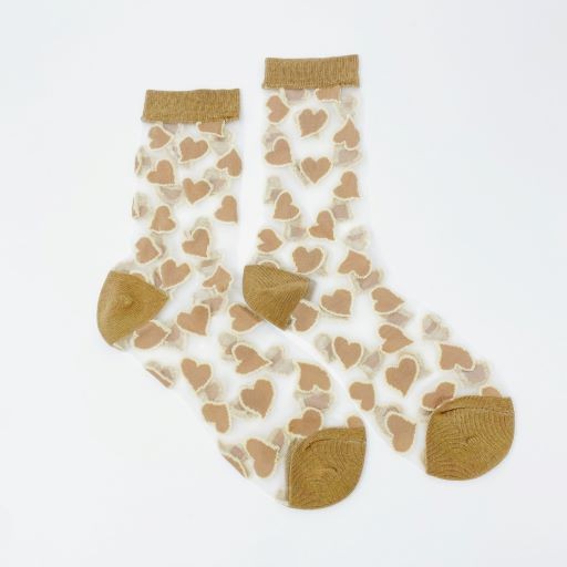 Lyssi Heartful Love Sheer Socks - Heart Print, Taupe, Pink, Lavender, One Size