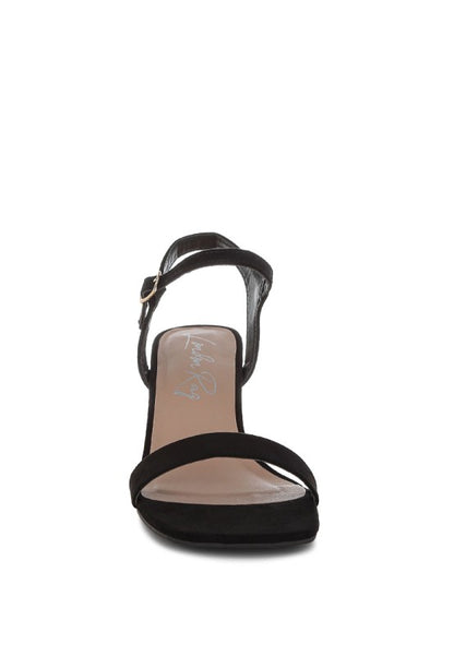 Front view of black Akiya Square Toe Block Sandals with square toe design
