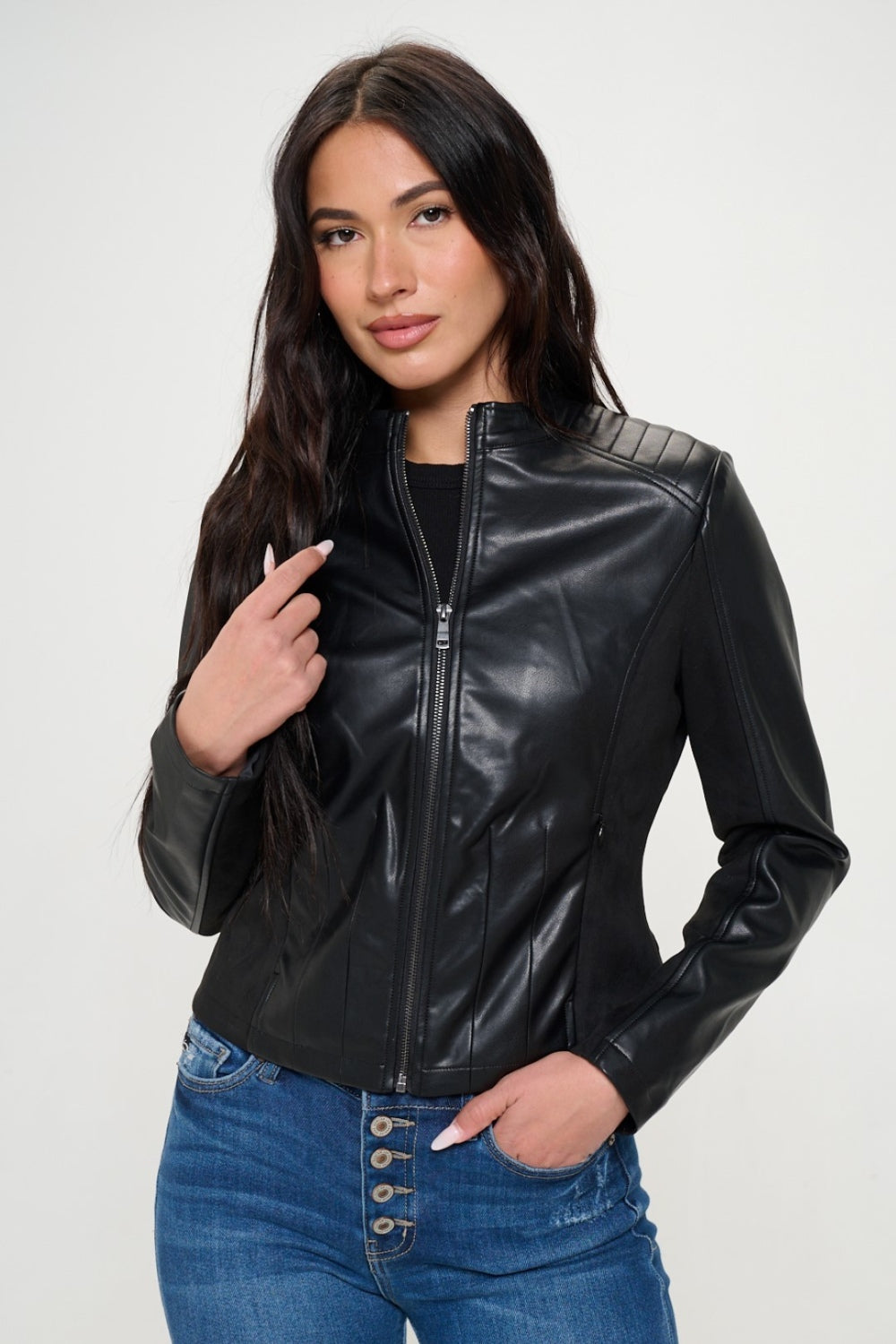 Tara Zip Up Vegan Moto Jacket In Black