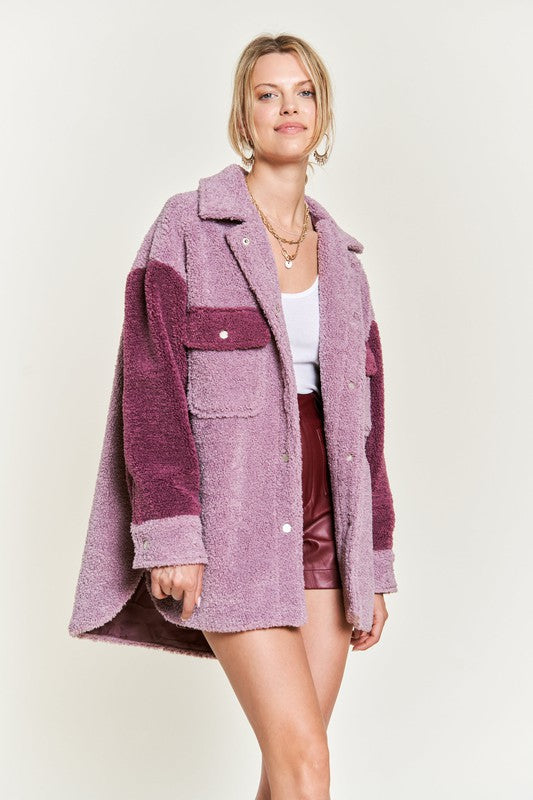 Deedre Sherpa Jacket in berry, front view with snap button closure and patch pockets