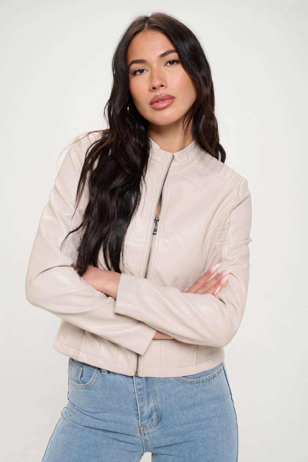 Tara Zip Up Vegan Moto Jacket In Cream