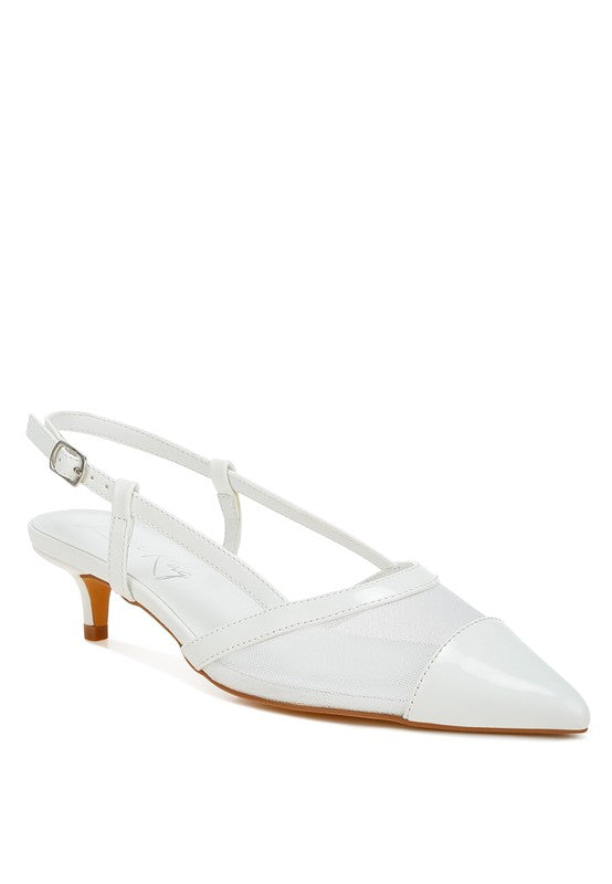 White Iyla Mesh Slingback Heels front angle view showing mesh vamp and pointed toe