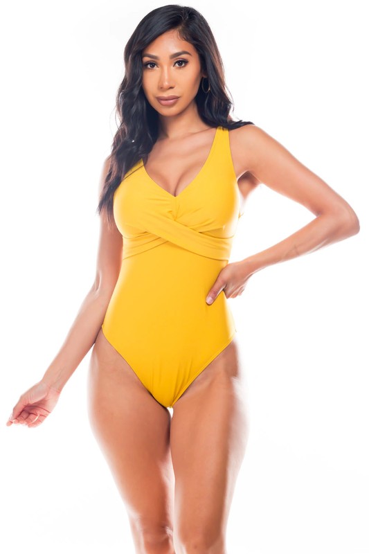 Lucky Pleated Cross Gathering Neckline One Piece Swimsuit