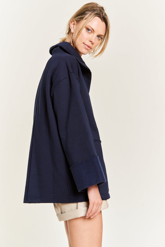 Aylani Plus Size High Collar Knit Top navy side view high-collared neck