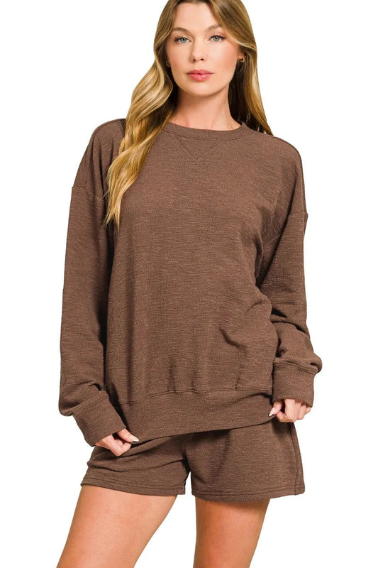 Pippa Slub Brown Top and Shorts Set – front view, round neck, long sleeves, textured cotton blend.