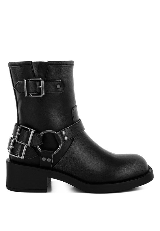 Side angle of black Caribou Harness Detail Biker Boots with zipper closure.