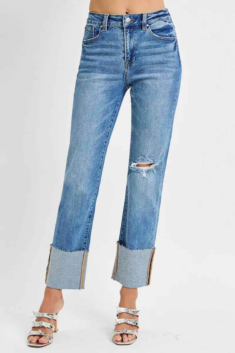 Close front view highlighting button closure, zip fly, and slight distressing on Thea cuffed jeans.