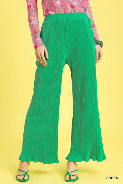 Hadlee green textured pants with high-waist elastic band and relaxed wide-leg fit.