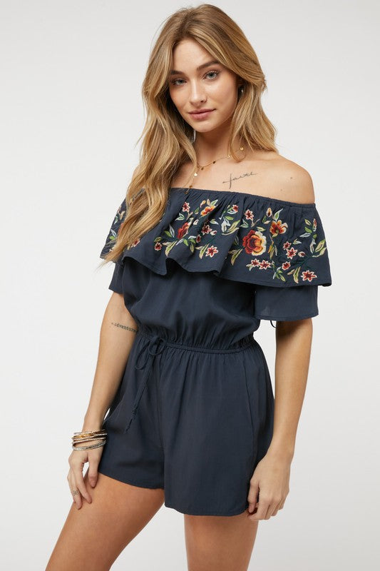 Kenzy Floral Embroidered Off Shoulder Romper