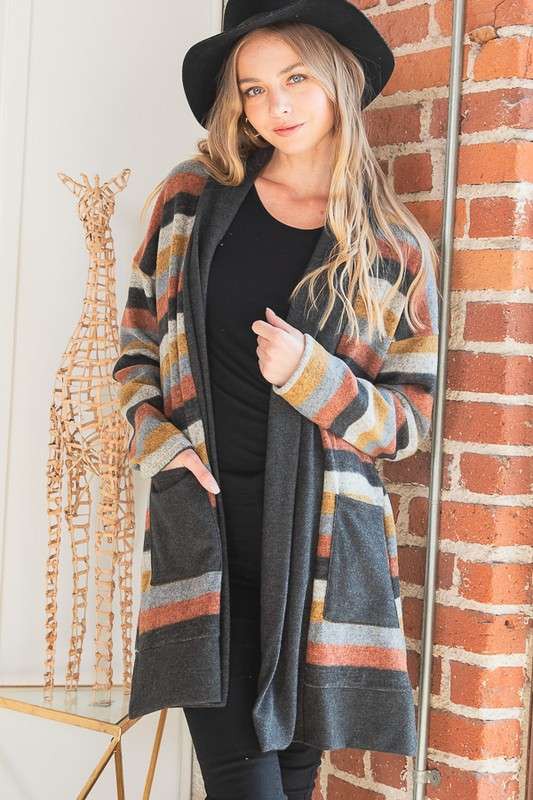 Front view of Vinni Plus Size Multi Color Stripe Cardigan with black trim and patch pockets
