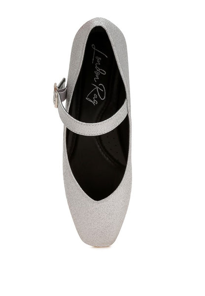 Top view of silver glitter ballerinas showing strap placement and toe shape.