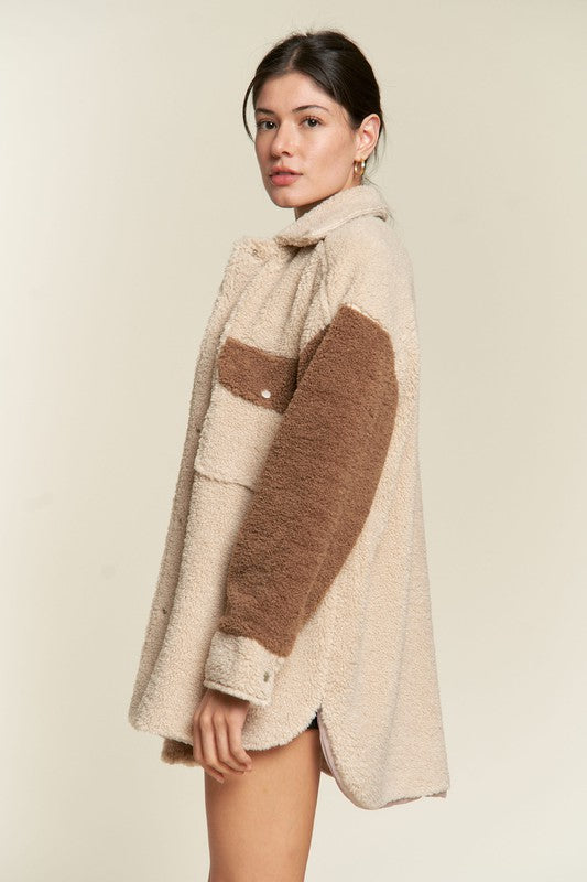 Deedre Sherpa Jacket in taupe, side view showing sherpa fabric and snap button detail