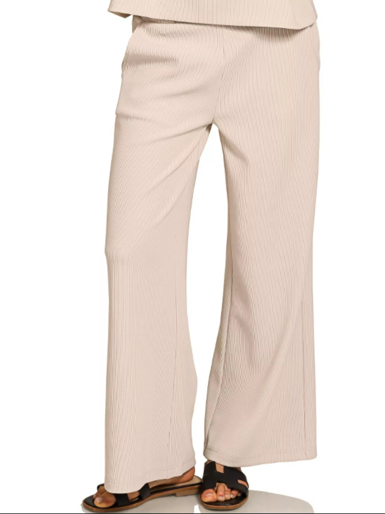 Tori Ribbed Round Neck Tee & Pants Set Sand Beige close up of matching pants.