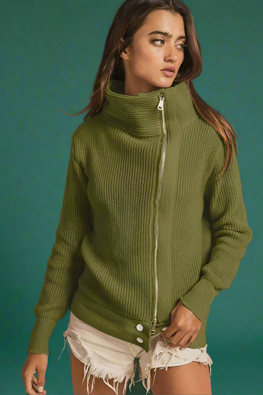 Front view of Maura Ribbed Knit Zip Sweater Jacket in olive green, styled with high neck and zip-up closure.