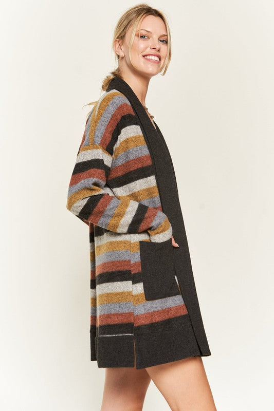 Side view of Vinni Stripe Cardigan highlighting patch pocket and multicolor striped pattern
