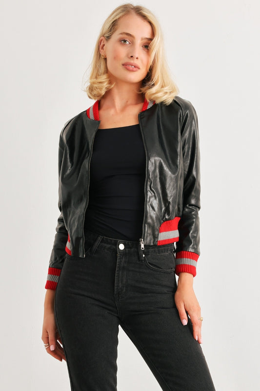 Velma PU Leather Baseball Collar Long Sleeve Jacket