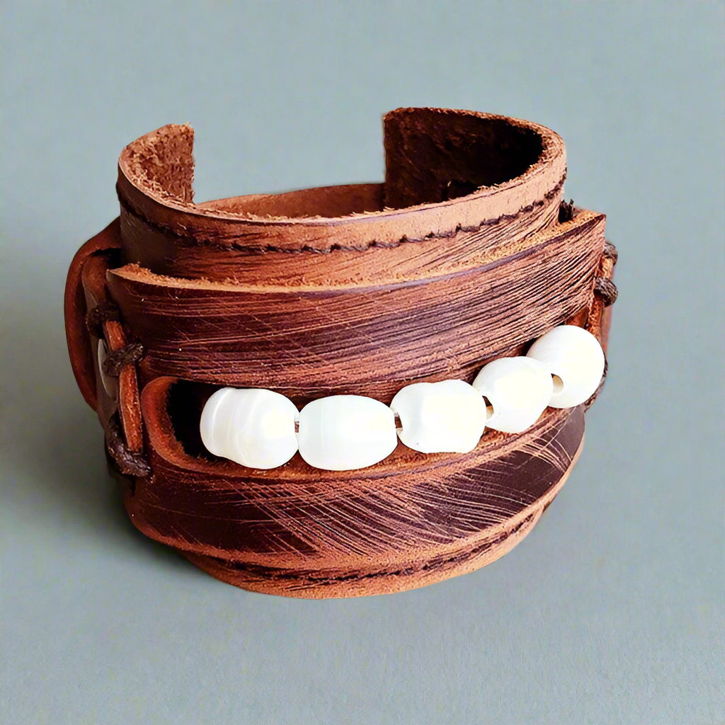 Pramila Leather Cuff with Freshwater Pearl Accent Strand