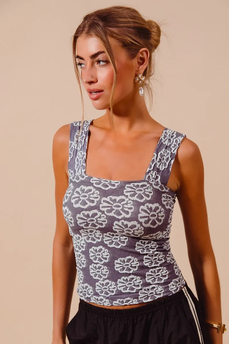 Front view of Jazlynn Two Tone Floral Seamless Tank Top in charcoal blue, showcasing snug fit with square neckline and floral pattern.