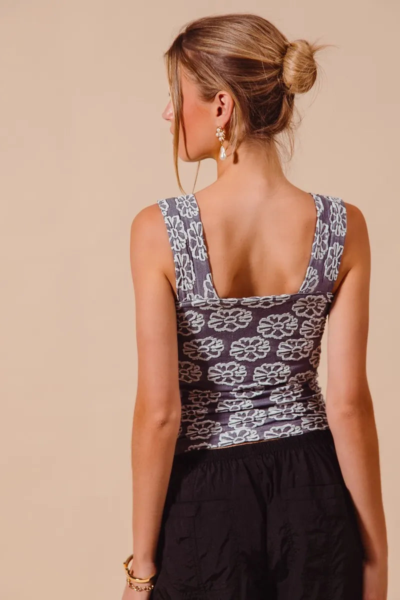 Jazlynn Two Tone Floral Seamless Tank Top in charcoal blue with seamless construction, square neckline, and fitted silhouette.