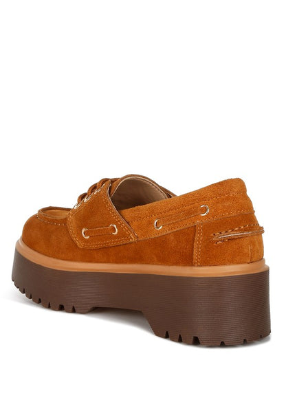 Tan Cuckatoos Oxford Loafers back view, premium suede leather with lug sole.