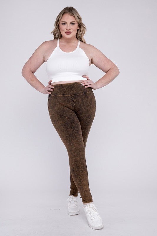 Stretchy Americano colored, mineral washed, full-length leggings with a wide waistband.