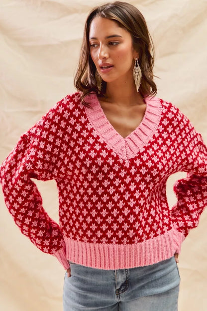 Christmas Sweater - Chloe color block sweater front view red pink diamond knit.