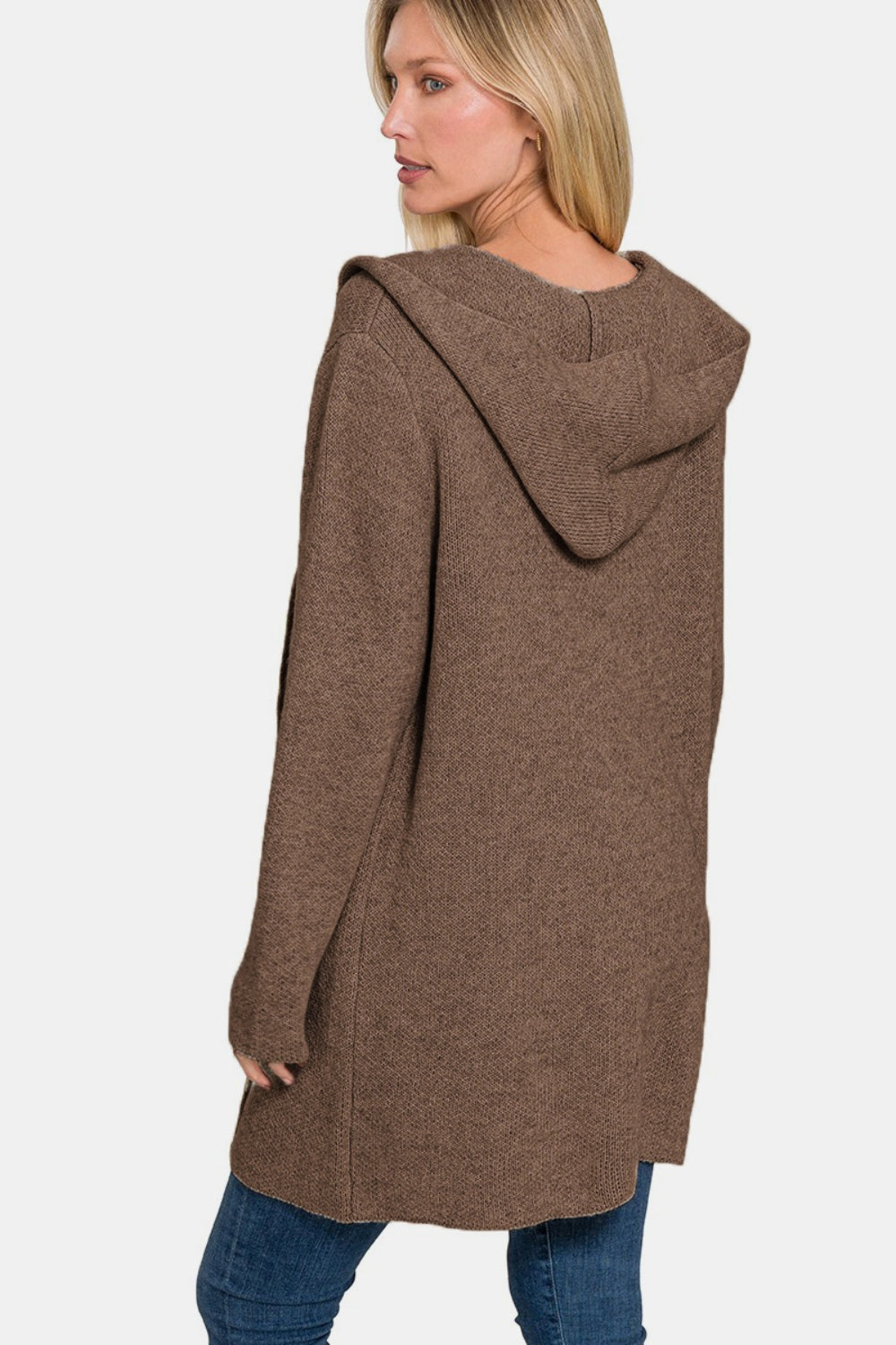 Back view of the brown Flannery Hooded Open Front Sweater Cardigan, featuring a clean, smooth design with long sleeves and a cozy hood.