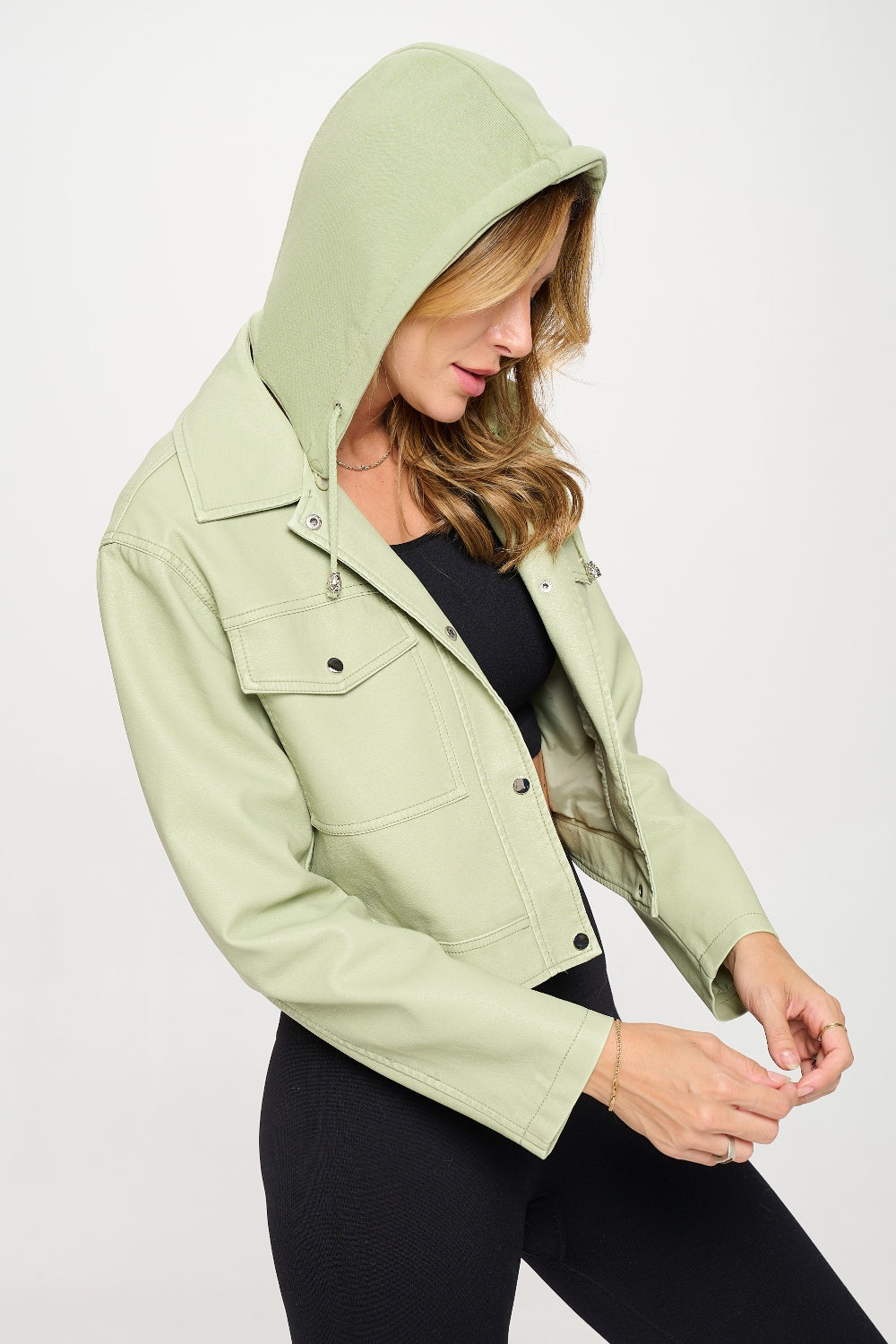 Ellen Snap Down Cropped Hooded Jacket In Mint