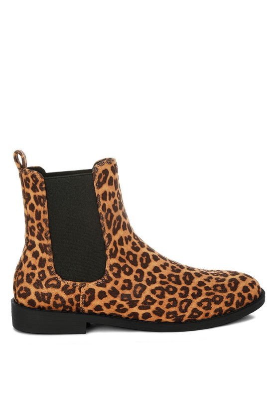 Side view of Ayasa Low Block Heel Chelsea Boots in Leopard with elastic gussets and soft lining